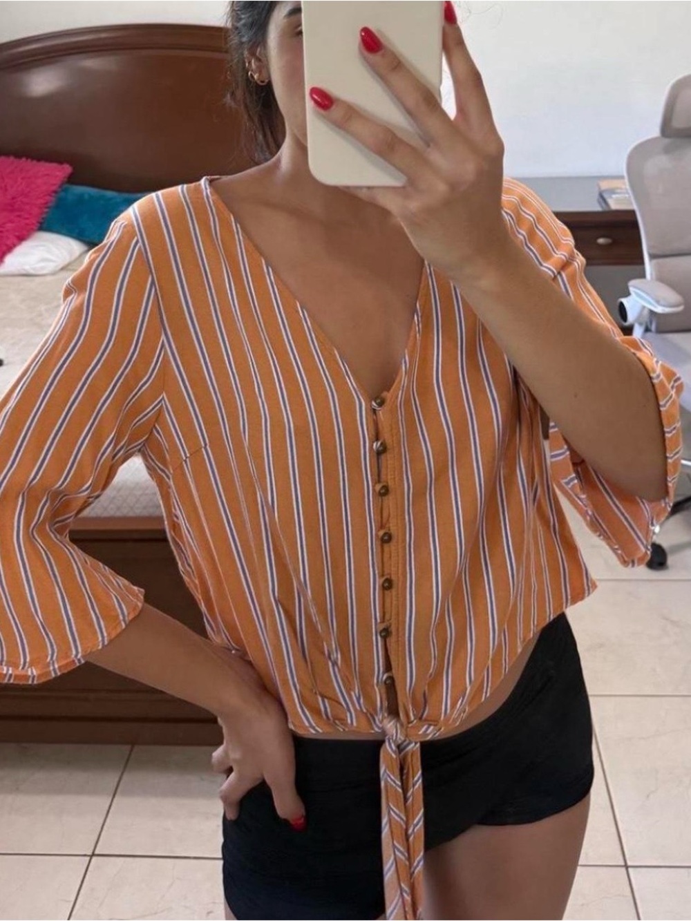 Marshalls Orange and White Striped Tie-Front Button Blouse